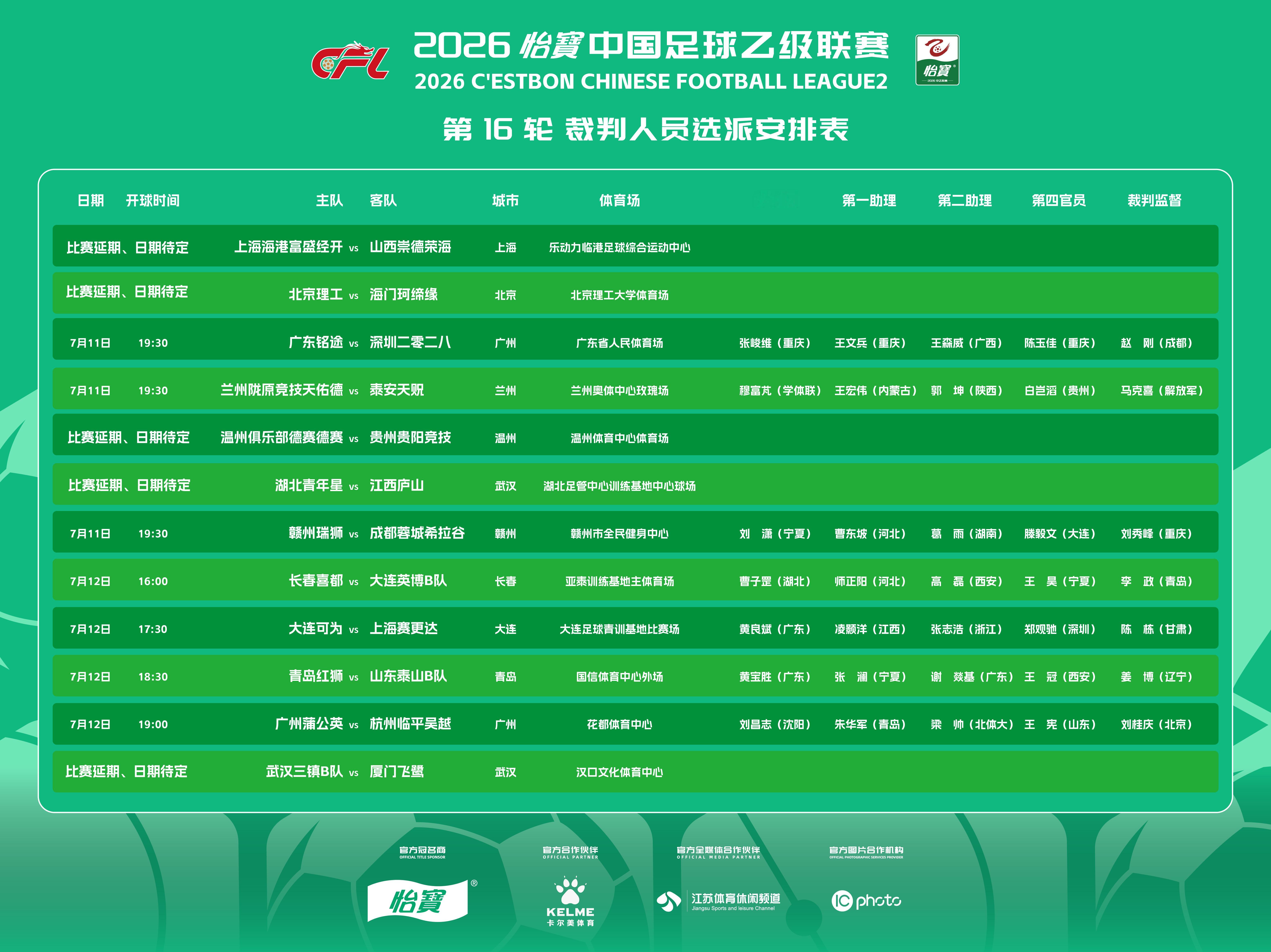 2026怡宝中乙联赛第16轮裁判选派结果公布中乙联赛