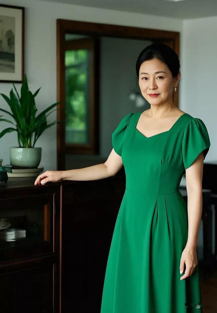 《绿裙佳人》
 
佳人着裙绿如绸，
站在柜旁姿态悠。
玉手轻扶柜边头，
绿裙飘飘