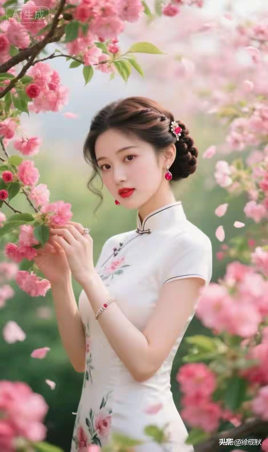 东方佳丽 ，旗袍美人。
春暖花开，花香四溢。
出水芙蓉，亭亭玉立。
眉清目秀，美