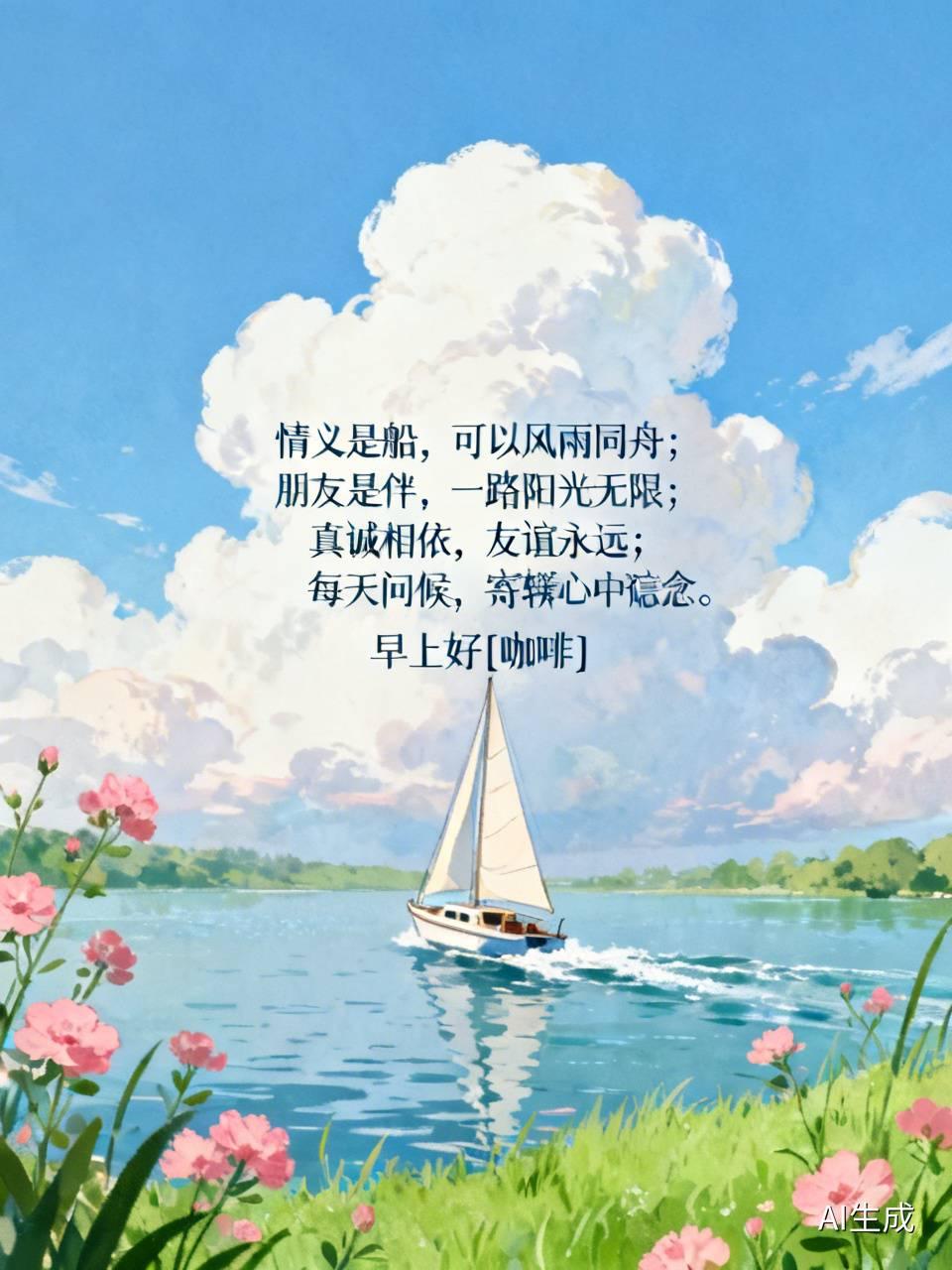 情义是船，
可以风雨同舟；
朋友是伴，
一路阳光无限；
真诚相依，
友谊永远；