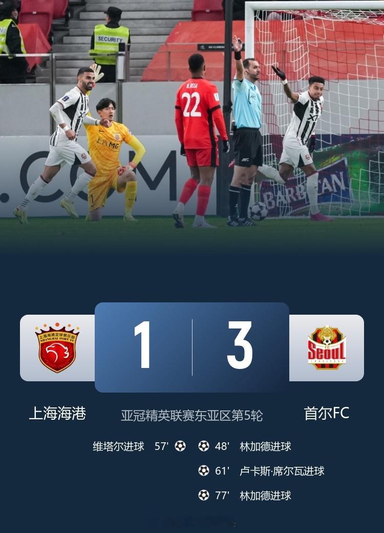 亚冠三连败！上海海港1-3首尔FC 林加德两传一射 11月25日讯 北京时间18