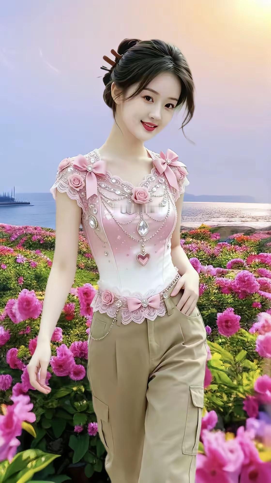 这姑娘在海边的花田里好漂亮！