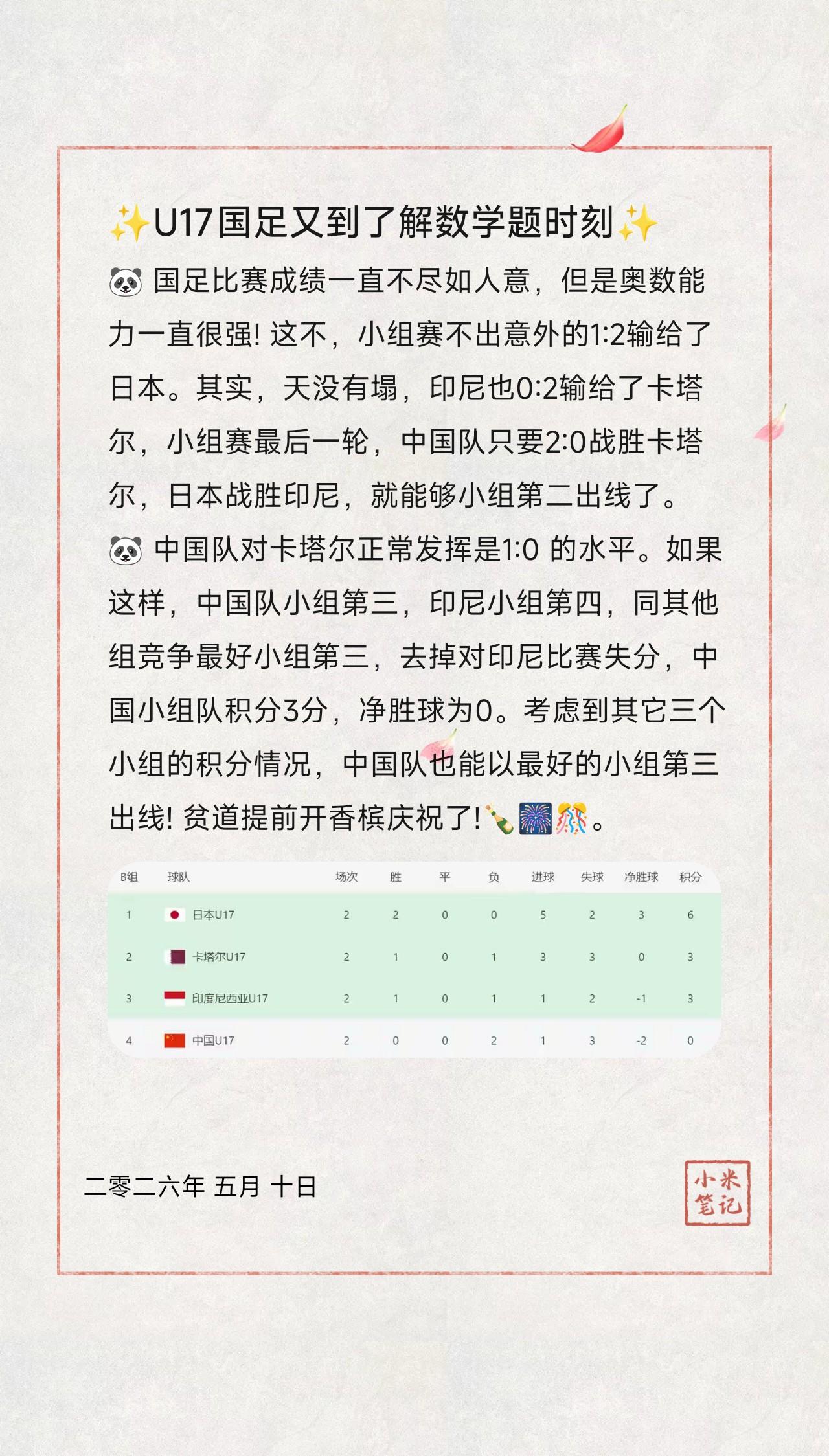🐼 国足比赛成绩一直不尽如人意，但是奥数能力一直很强! 这不，小组赛不出意外的