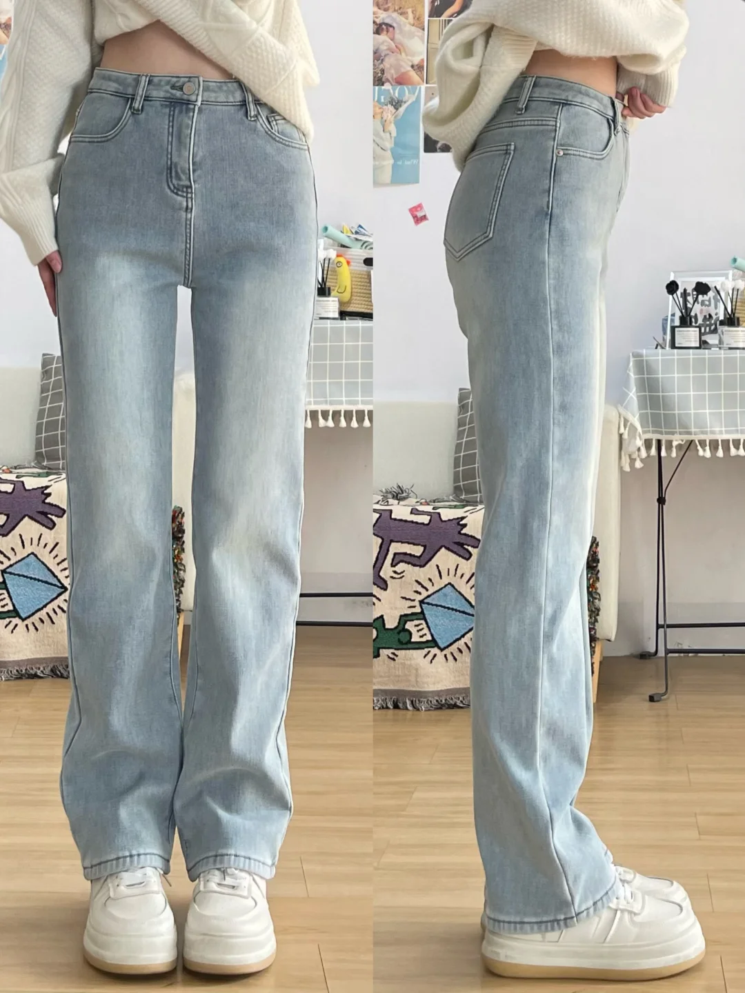 水洗蓝直筒裤也太好看了吧😭版型好显瘦‼️