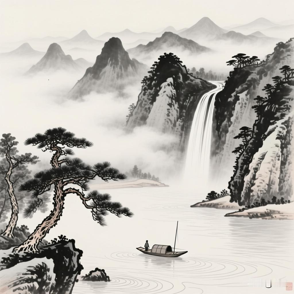 山云雾、苍松挺立、瀑布飞流、江上一叶孤舟，意境宁静悠远。