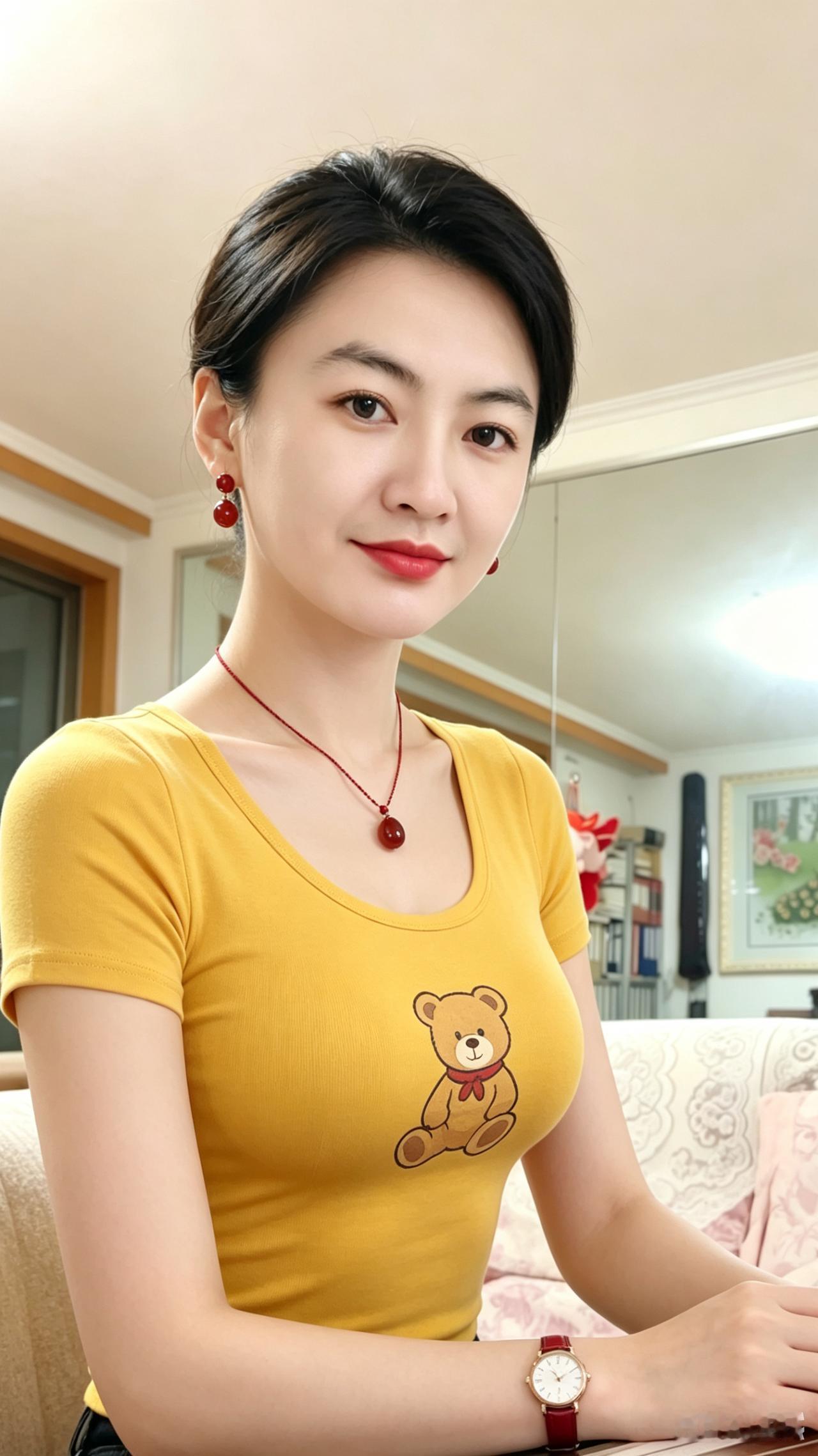 暖光倾洒自家房，佳人容颜俏无双
淡黄衣衫款式妙，红饰添彩显气场
眼眸柔润含温意，