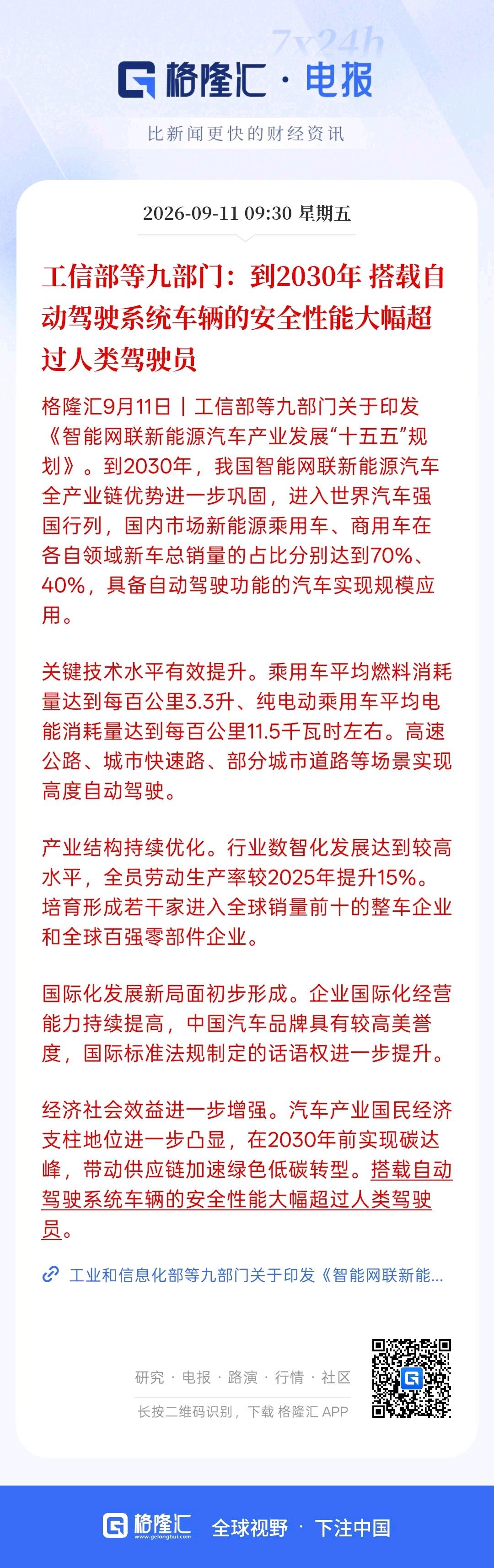 利好自动驾驶技术，到2030年搭载自动驾驶系统技术的车辆安全性能会大幅超过人类驾