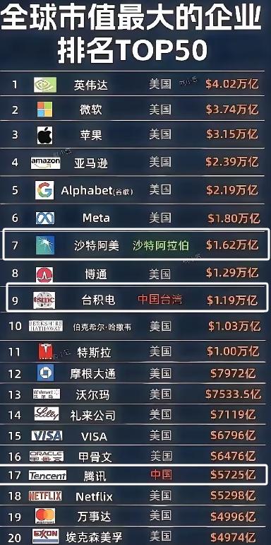 美国仍旧还是经济霸主！
全球市值排名前20名的企业，
美国自己占了17家，太疯狂