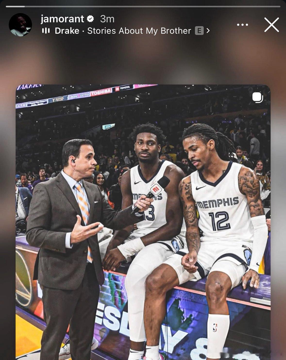 永远的兄弟！莫兰特ins转发自己和3J赛场照。莫兰特nba