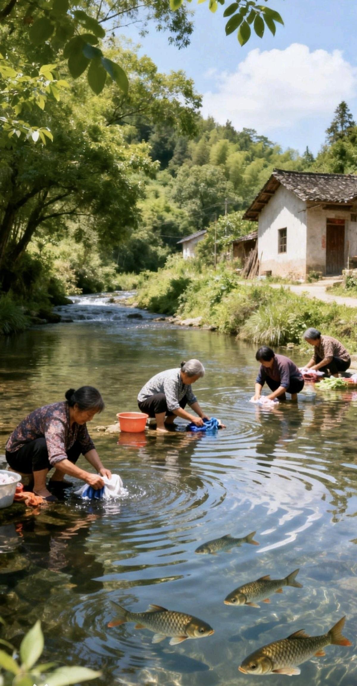 你想开心去洗衣，
就去村前这小溪。
见面自然拉家常，
…………………………
请你