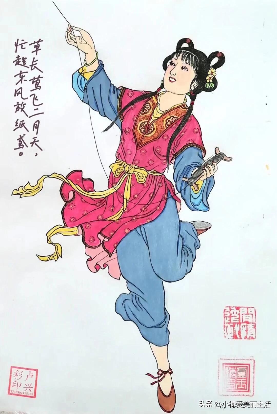 古风少女放纸鸢，春日气息扑面来🌸🎨