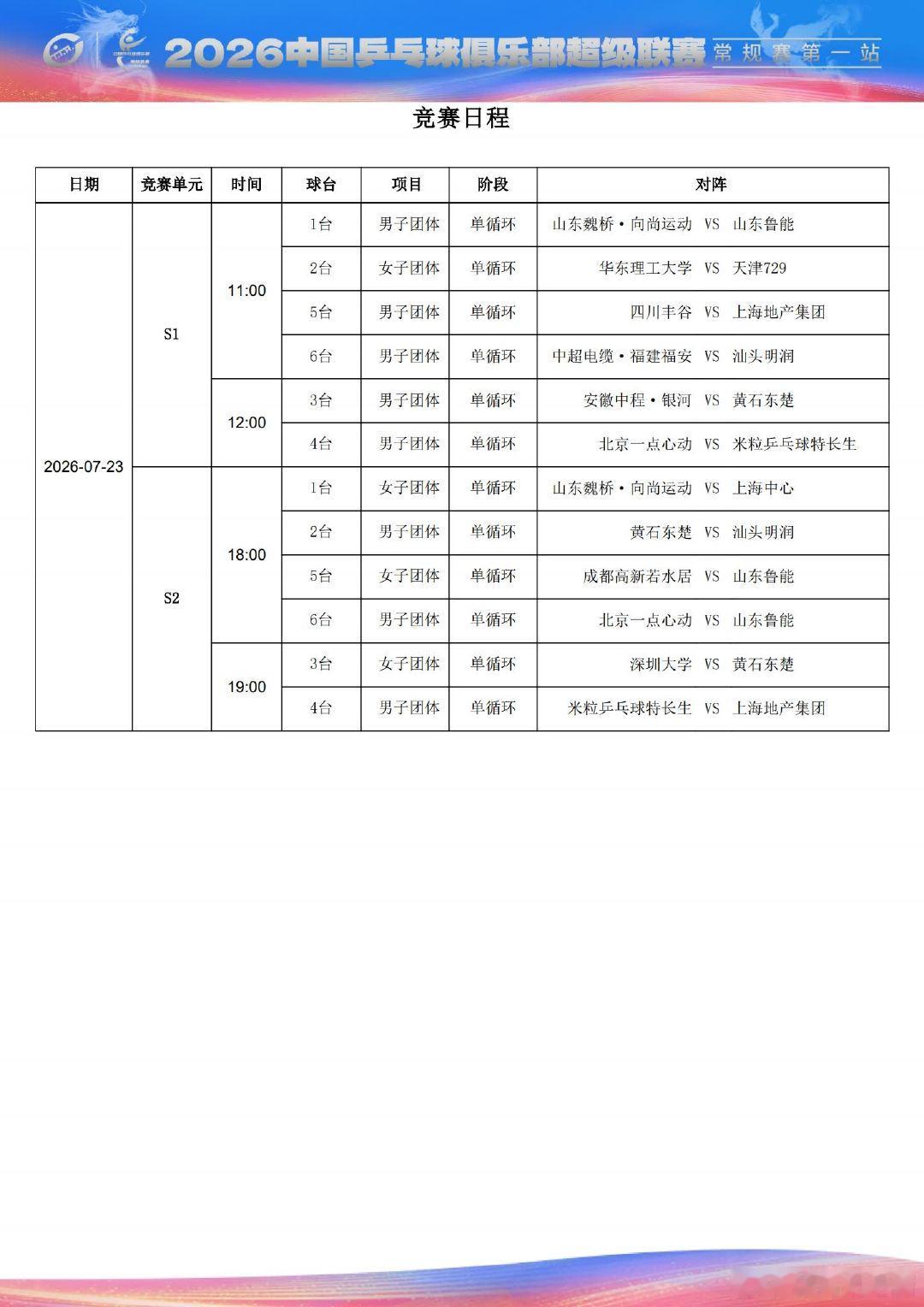 2026乒超大连站开赛2026中国乒乓球俱乐部超级联赛常规赛第一站今日-26日拉