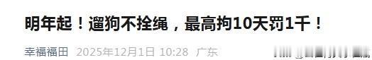 好消息！

明年起!遛狗不拴绳，最高拘10天罚1千!

此处继续鼓掌👏