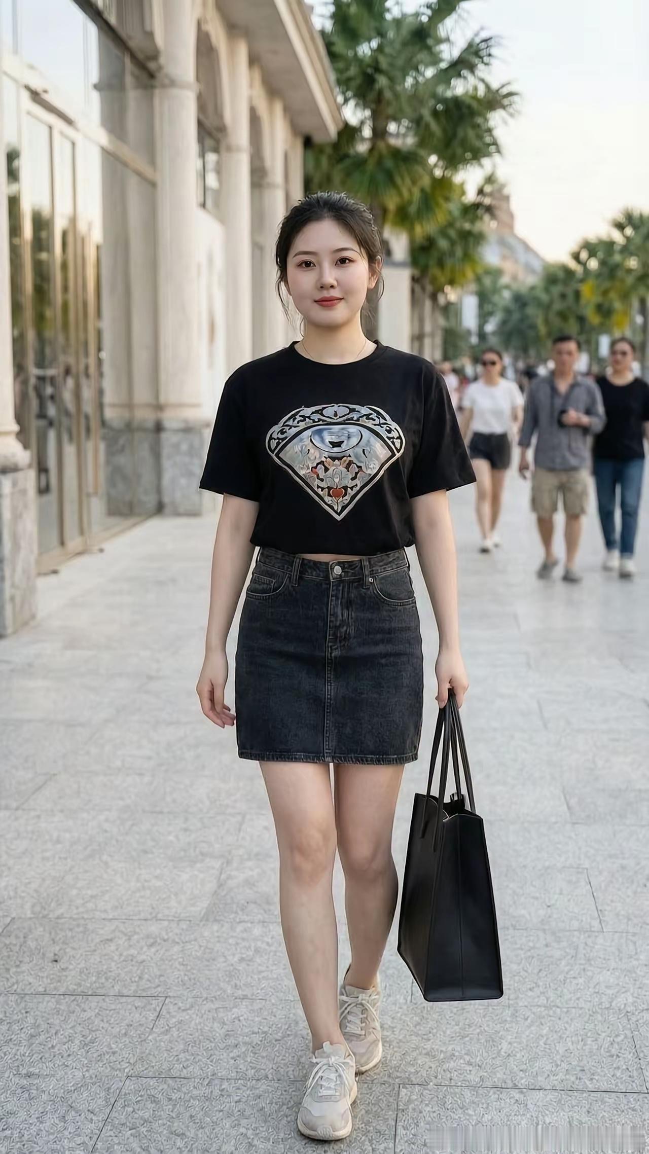 都市时尚少女，黑色T恤+牛仔短裙，轻松自在，手提包随行
