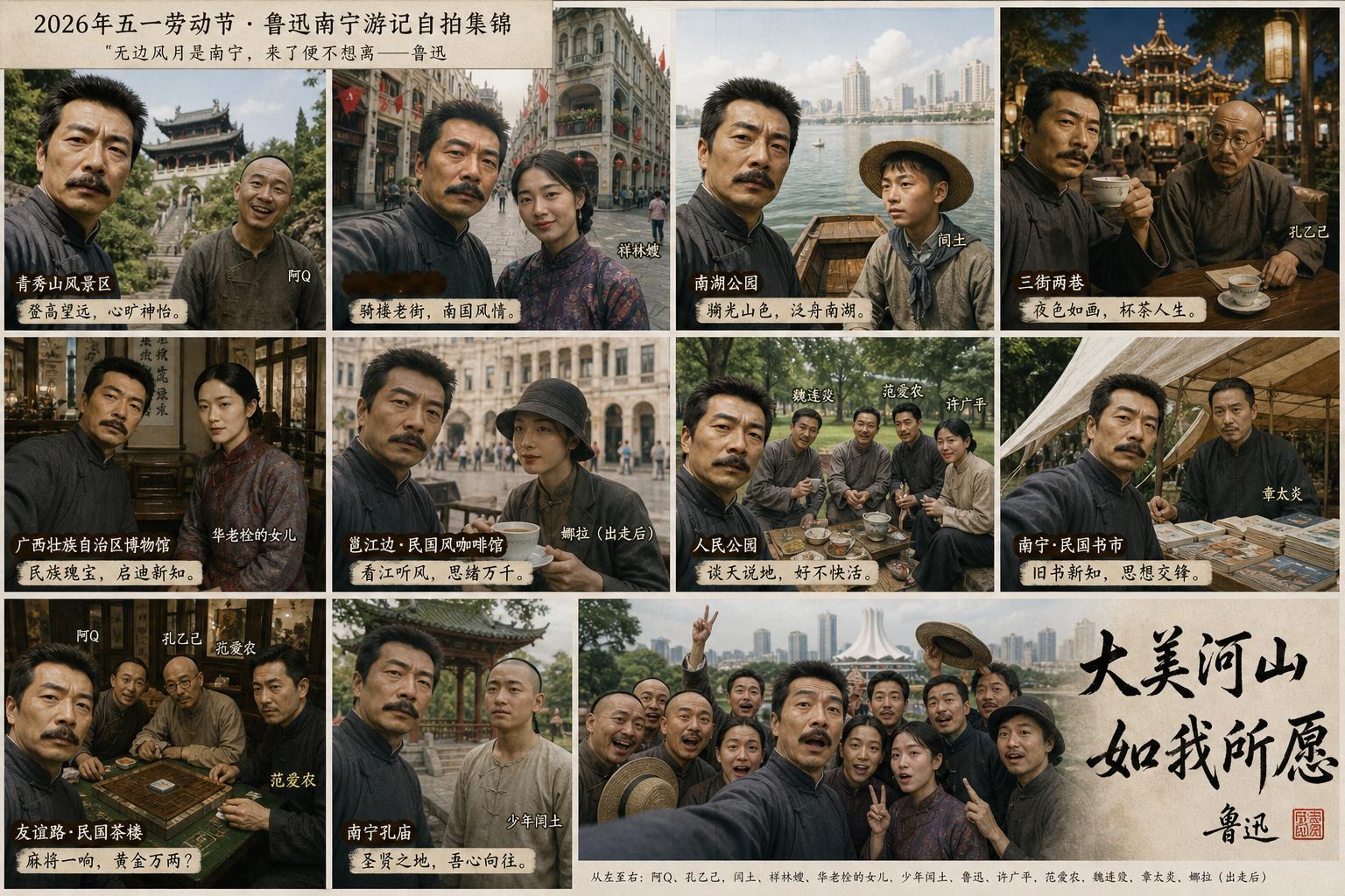 鲁迅带着他小说里的人物来南宁旅游提示词：2026 年五一劳动节“鲁迅带着他小说里