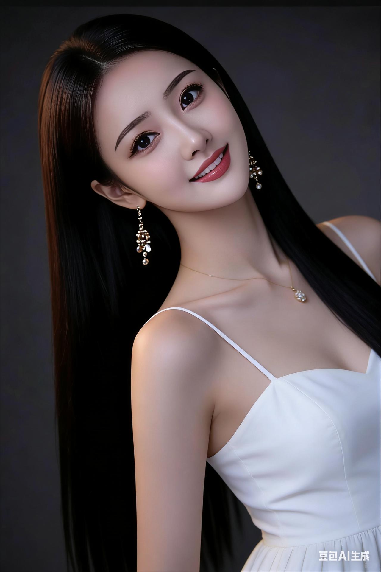 时尚美女身着简约白色吊带裙，柔顺披肩长发自然垂落，戴精致项链与耳环，身姿轻盈曼妙