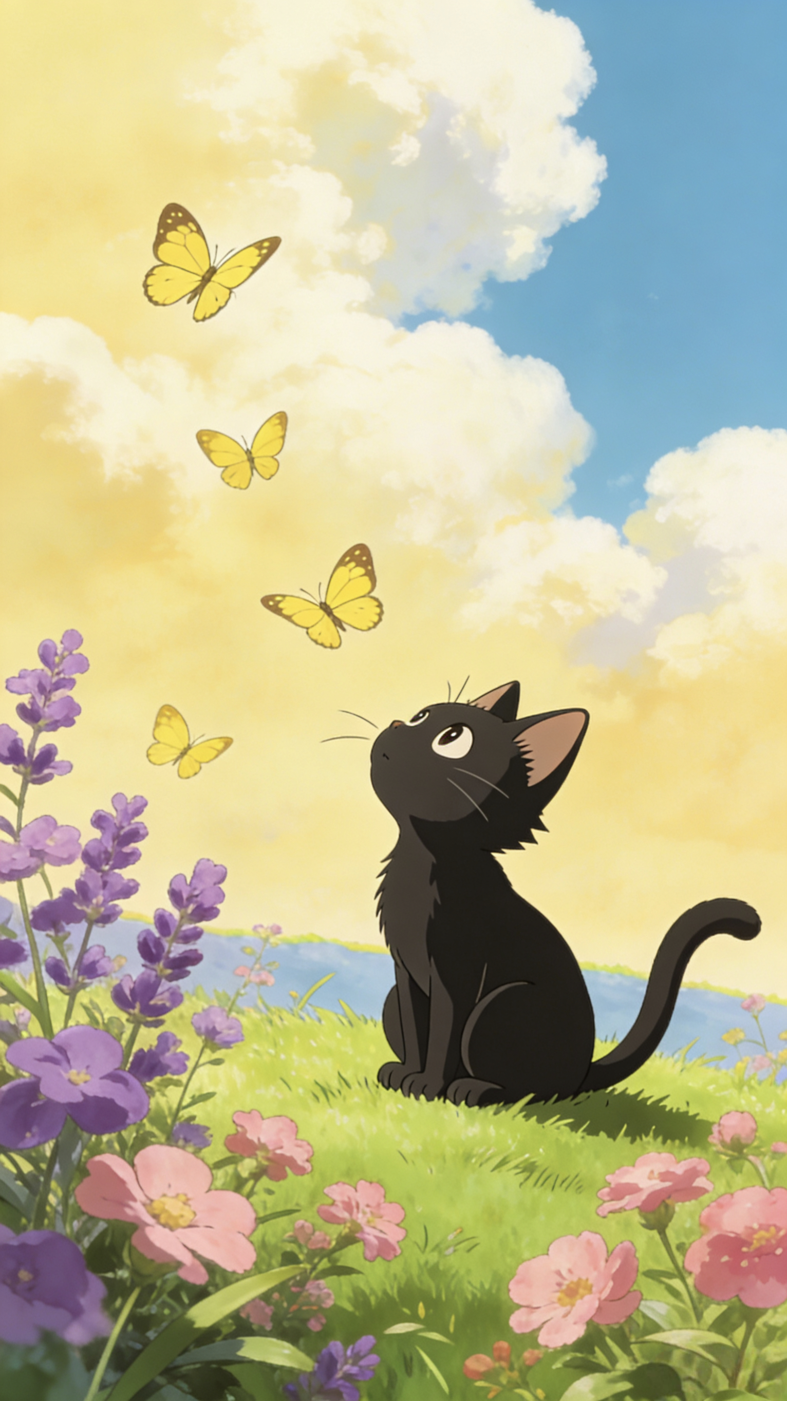 手机壁纸 | 云边喵语风掠过草地，猫追着蝴蝶，连天空都温柔得不像话
