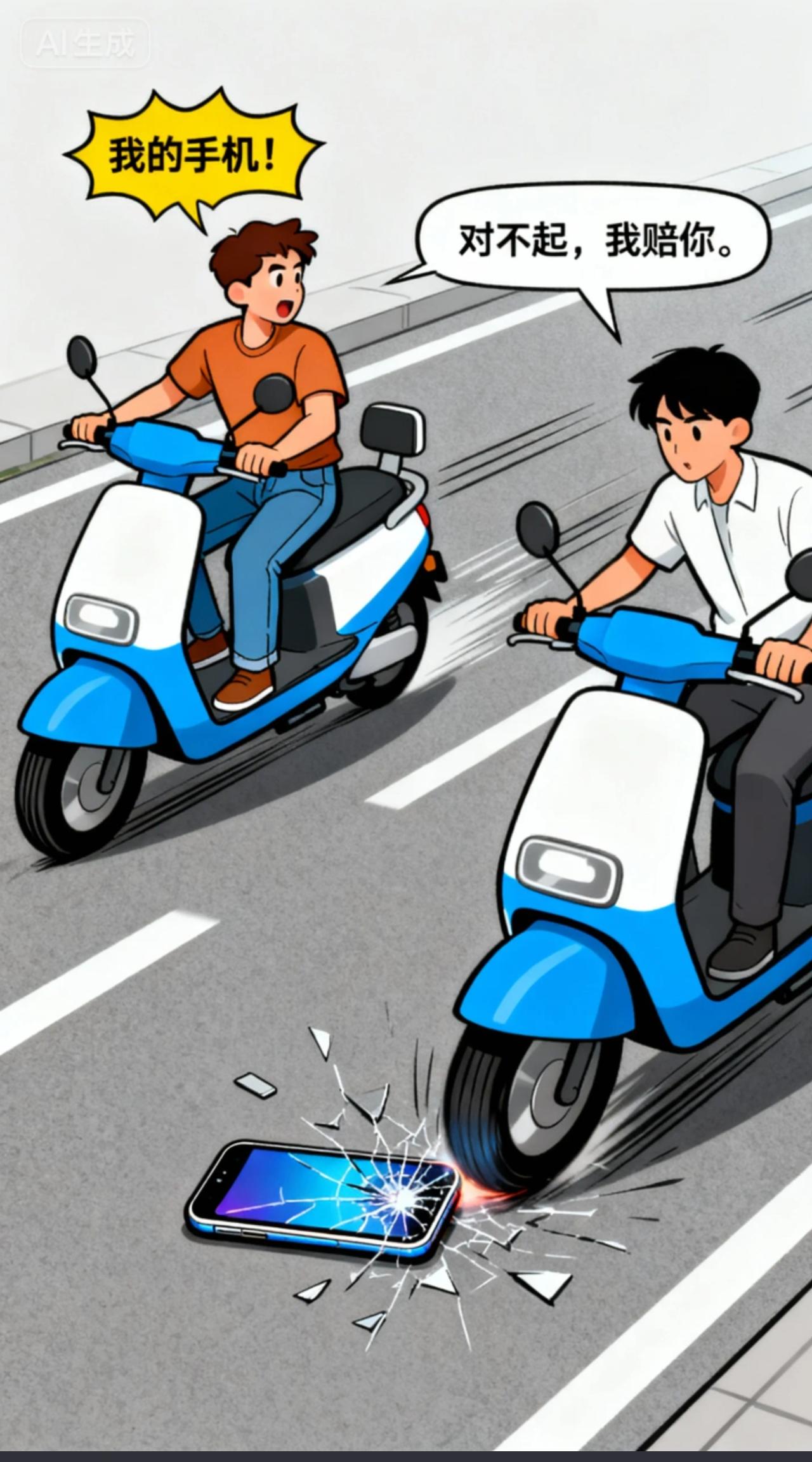 前面骑电动车的人掉下来一个手机，后面骑电动车的人压坏了这个手机，该不该赔钱？
