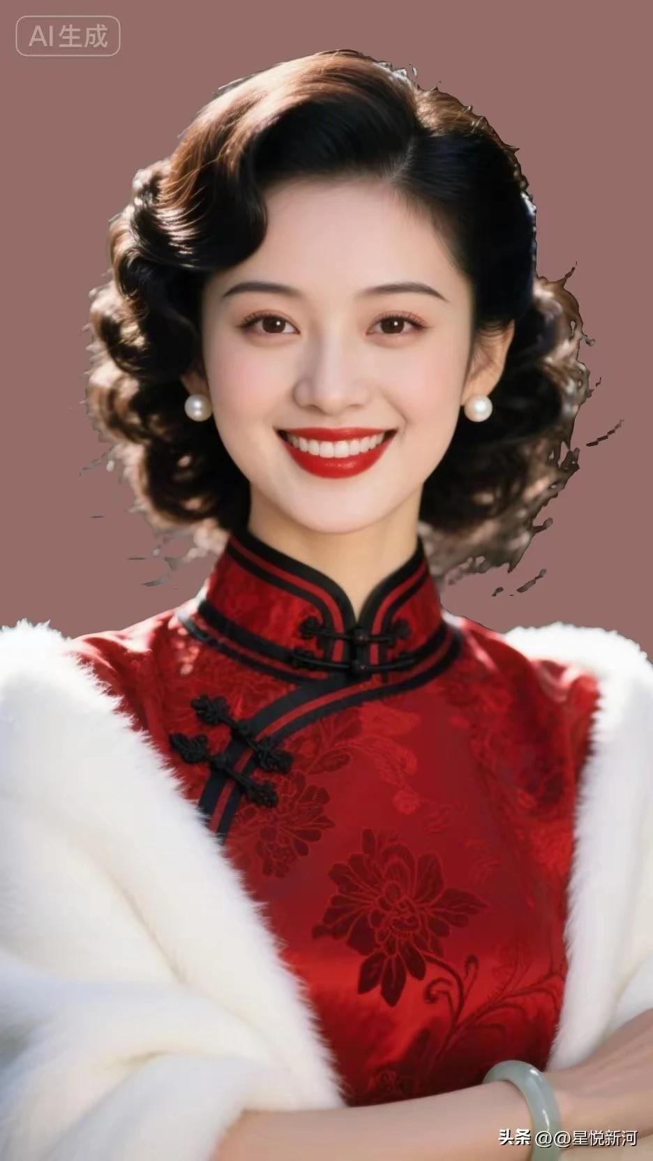 一袭红衣映雪肤，
云鬟轻挽缀明珠。
嫣然一笑春风醉 
眸含秋水亦娴淑。