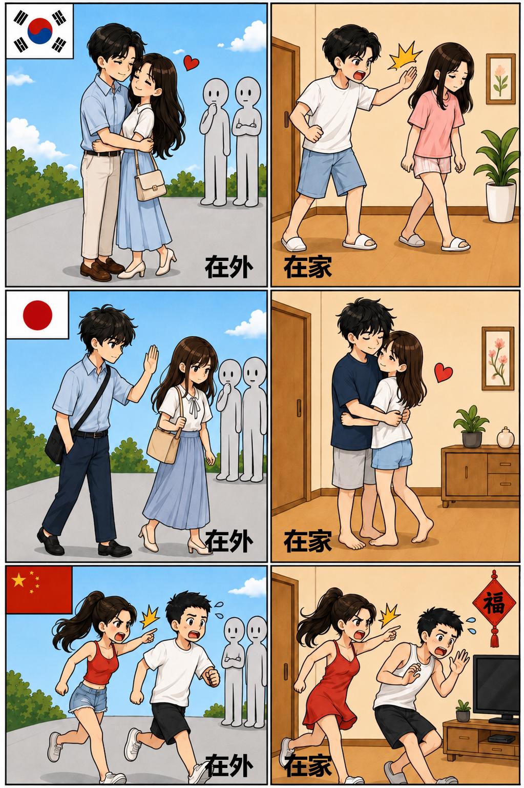 对比中韩日情侣内外反差。

韩国人前恩爱到家就吵架；日本夫妻在外保持距离，回家温