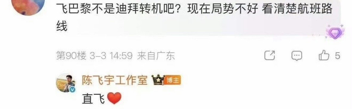 粉丝问陈飞宇飞巴黎不是迪拜转机吧？陈飞宇工作室回复了：直飞 