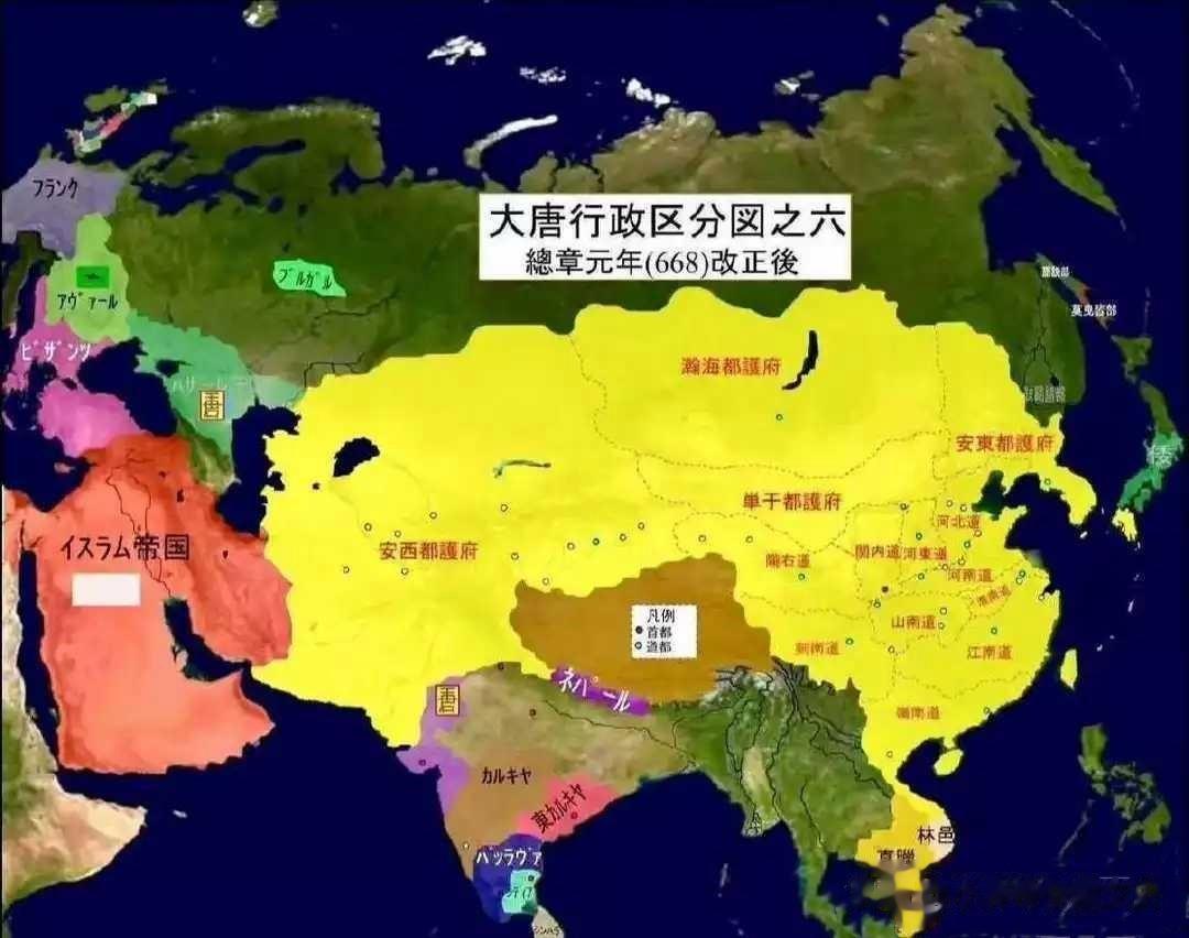 这是出现在日本教科书上的大唐疆域图，其疆域达到了前所未有。图中大唐西部包括中亚五