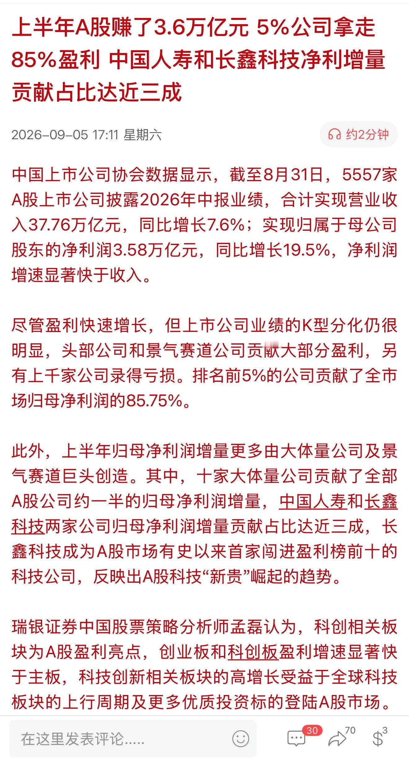 上半年A股赚了3.6万亿元 5%公司拿走85%盈利 中国人寿和长鑫科技净利增量贡