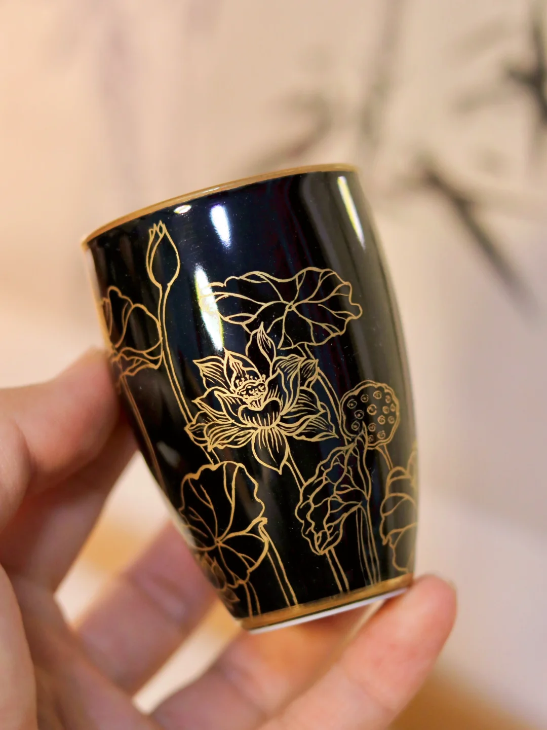 【粉丝定制】乌金釉描金荷花图闻香杯～