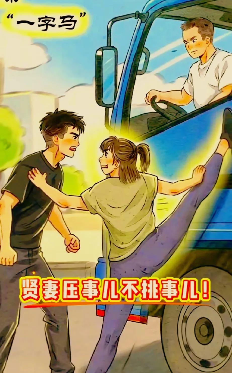 丈夫与货车司机发生了争执

妻子全力阻止

一字马顶住车门避免了祸

这一挡
