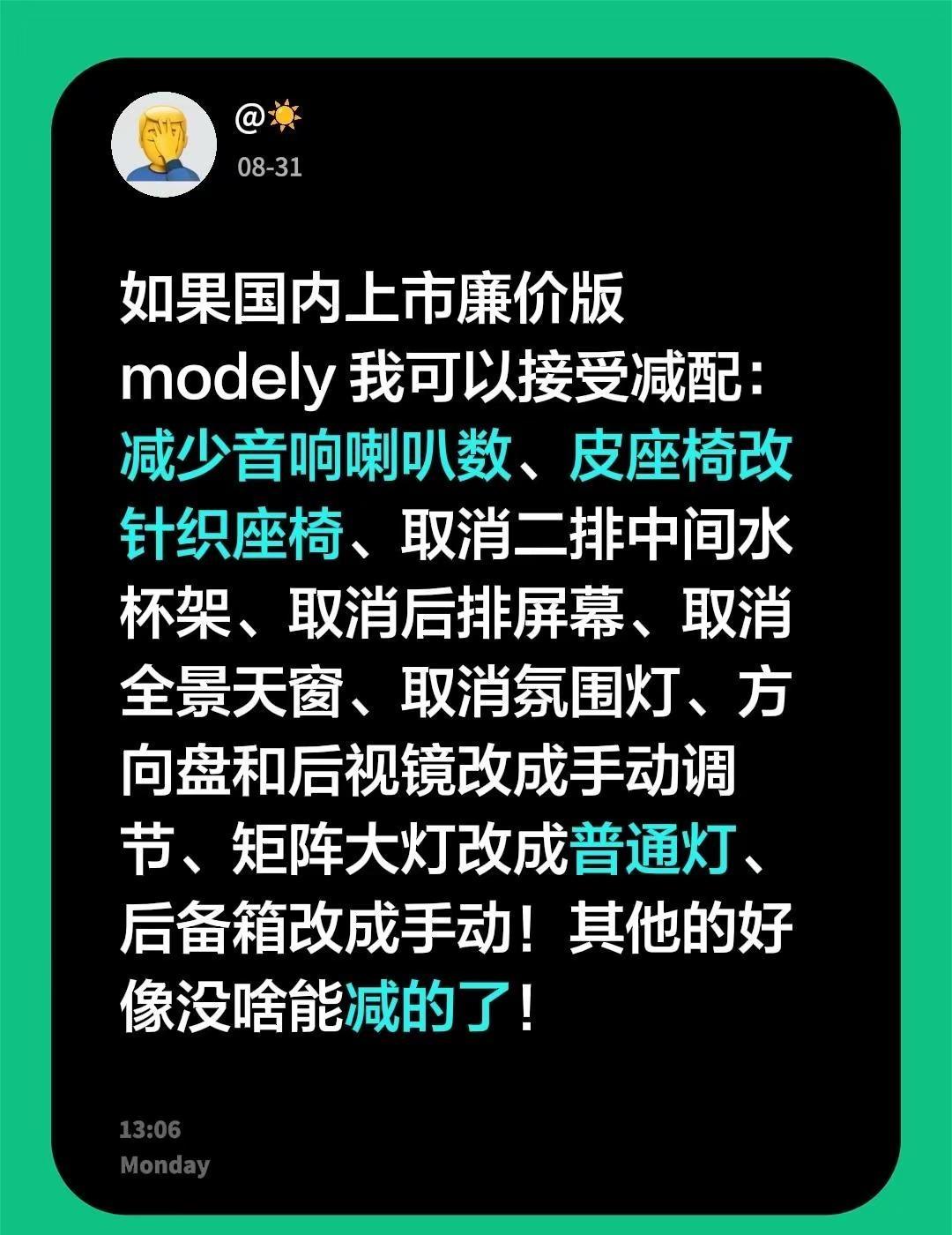 如果国内上市廉价版 modely 我可以接受减配：减少音响喇叭数、皮座椅改针织座