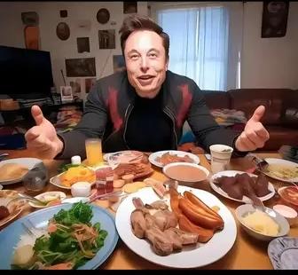 马斯克坐在车上吃食物，马斯克拿着手机拍风景；
世界首富更懂得，三餐四季，人间烟火