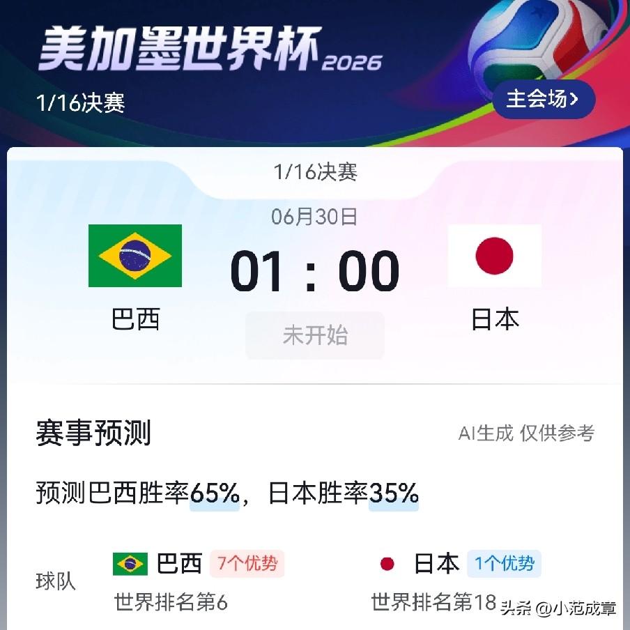 势均力敌？
 
明天凌晨1点，世界杯1/16决赛巴西打日本，这将是一场双方的对攻