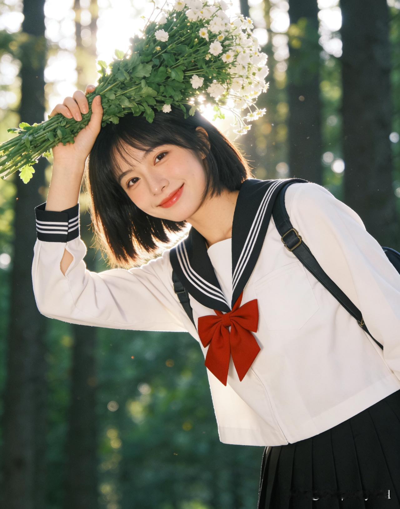 画面展现日系清新风格写真。主要人物身着经典日式水手服校服，白色上衣搭配黑色百褶裙