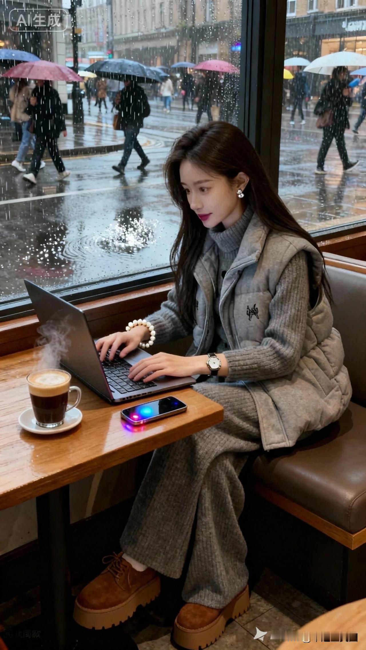 雨中咖啡馆，静谧工作时光🌧️☕️💻