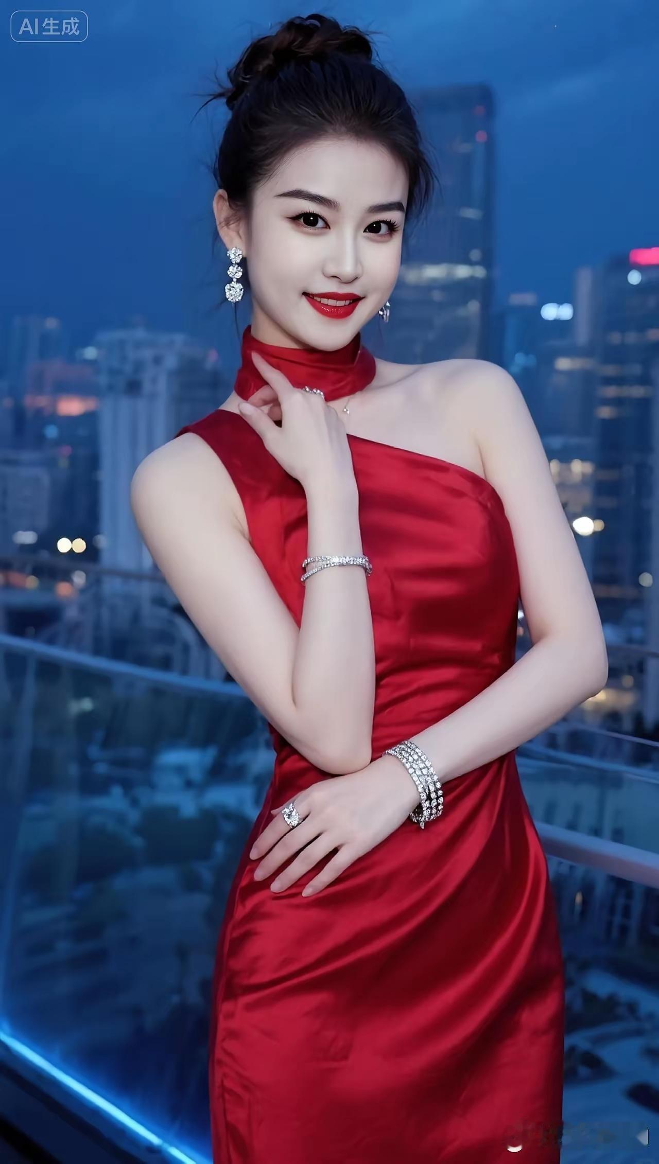 都市夜景就像一个巨大的舞台，而身着优雅红裙、佩戴闪耀珠宝的人，无疑是舞台上最耀眼