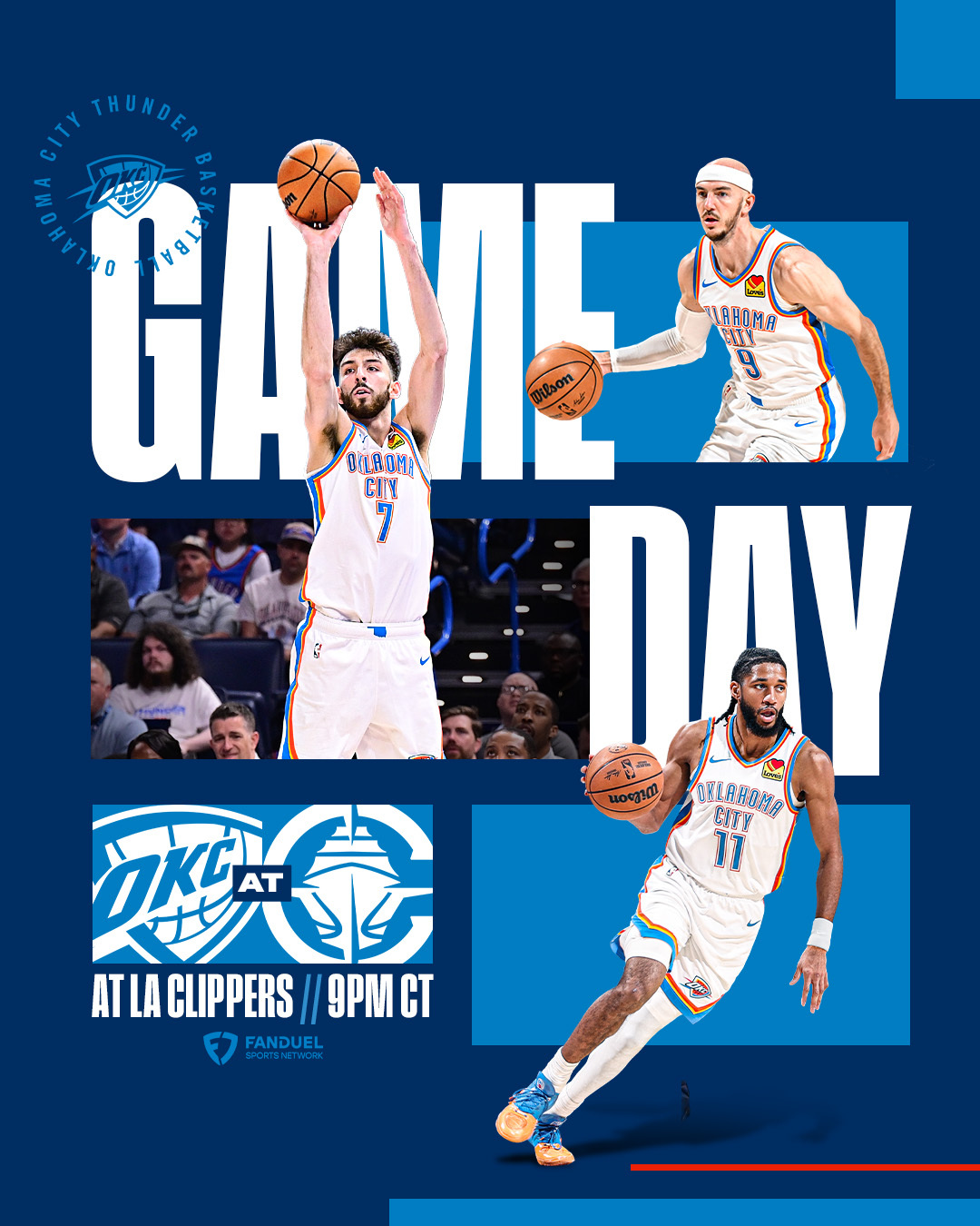 雷霆对快船的比赛即将开始，马戴派出的首发是：亚历山大、多尔特、杰伦威廉姆斯、切特