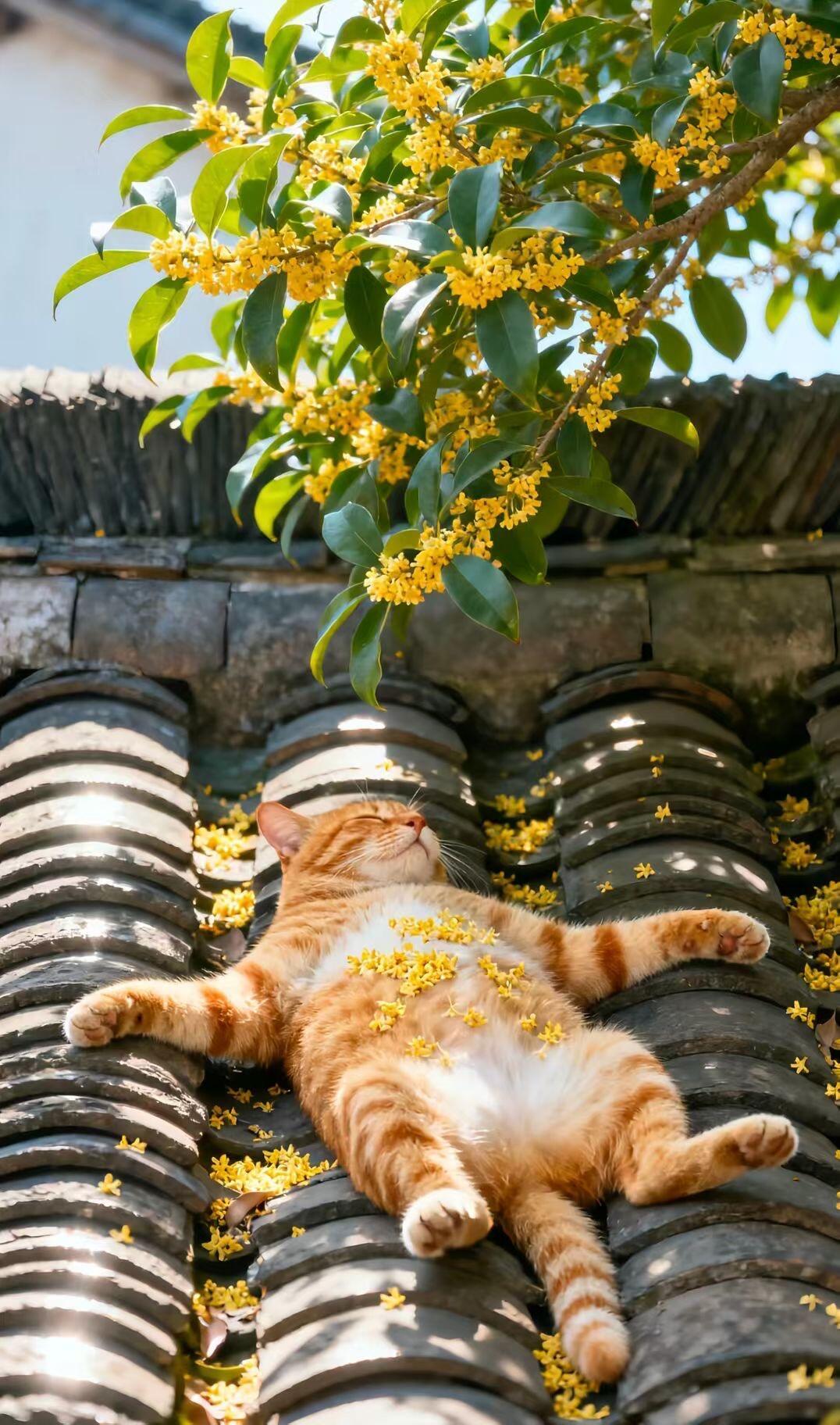 早晨在桂花树下睡大觉的橘猫 ​​​