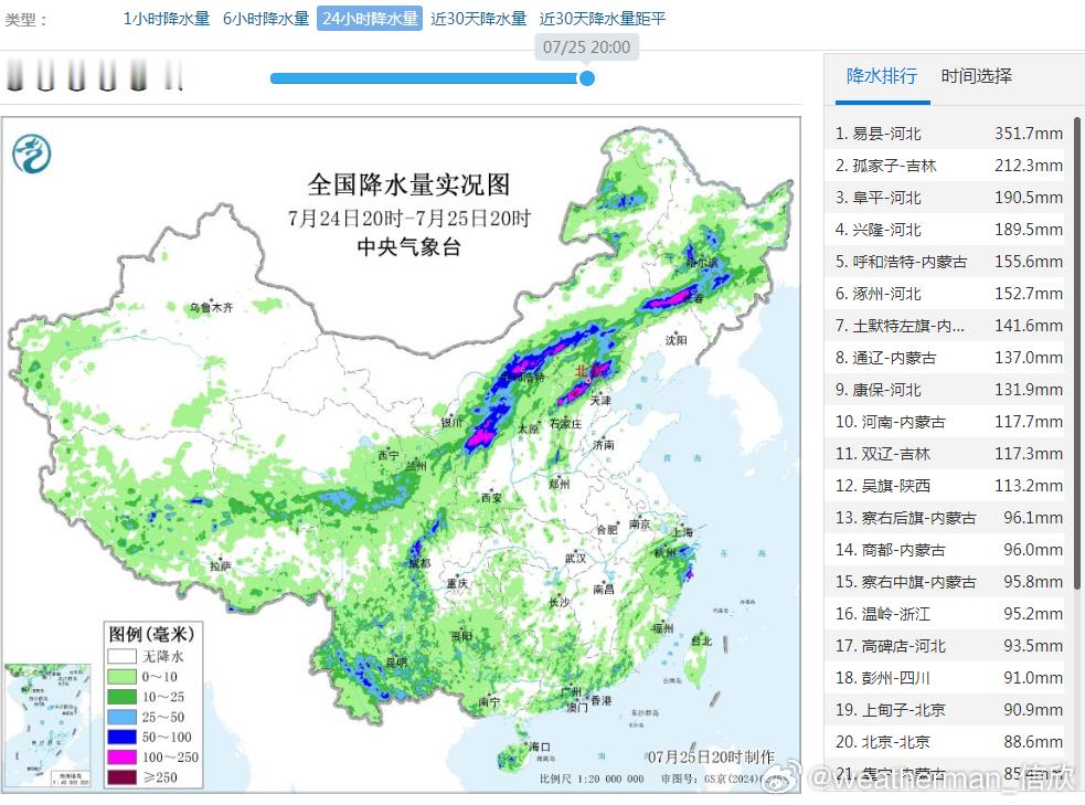 【破纪录的强降雨还没完】昨晚到今天，内蒙古中部、河北北部、吉林部分地区出现破纪录