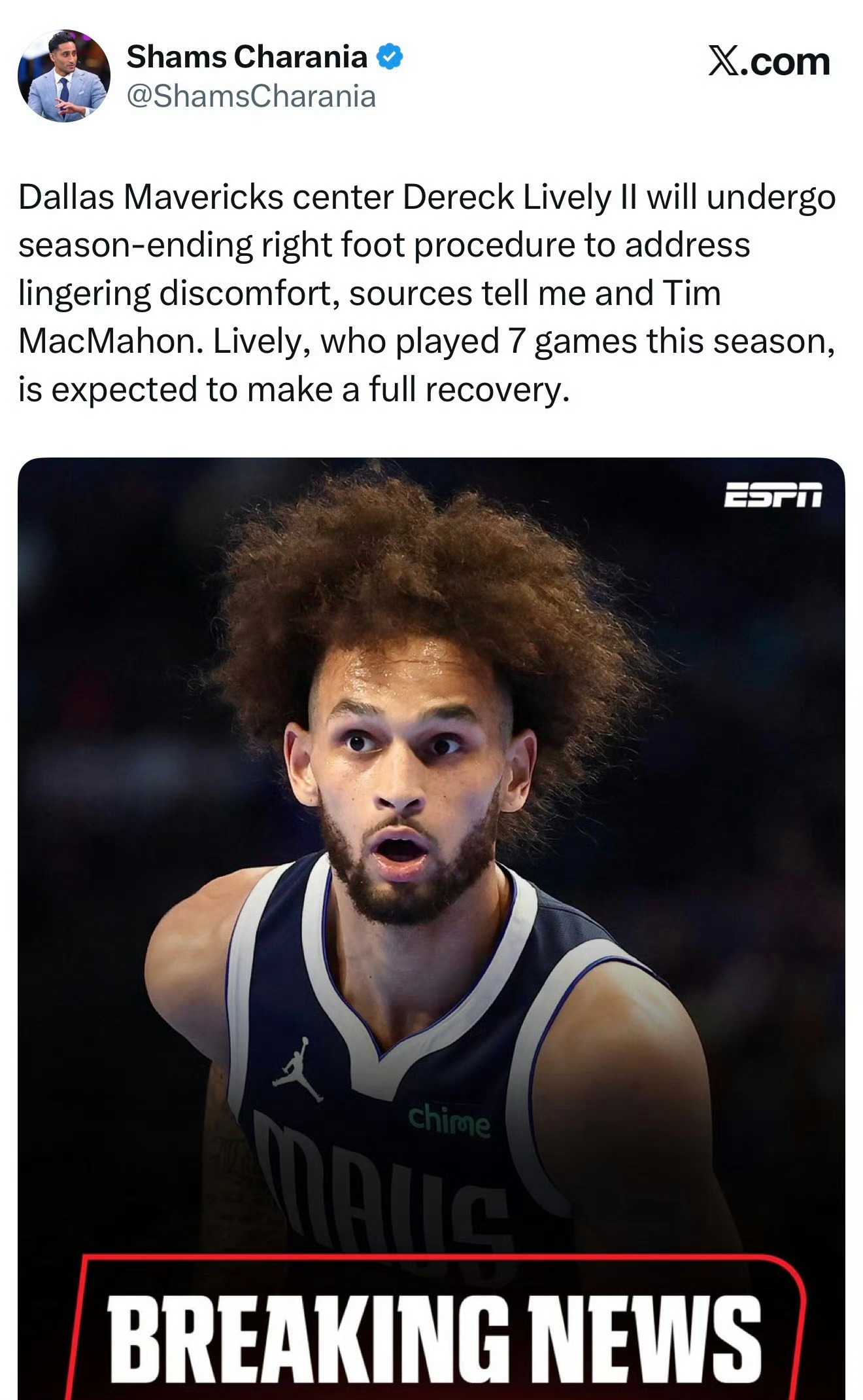 Shams：独行侠队中锋莱夫利将接受右脚手术，本赛季报销！此次手术旨在解决其长期