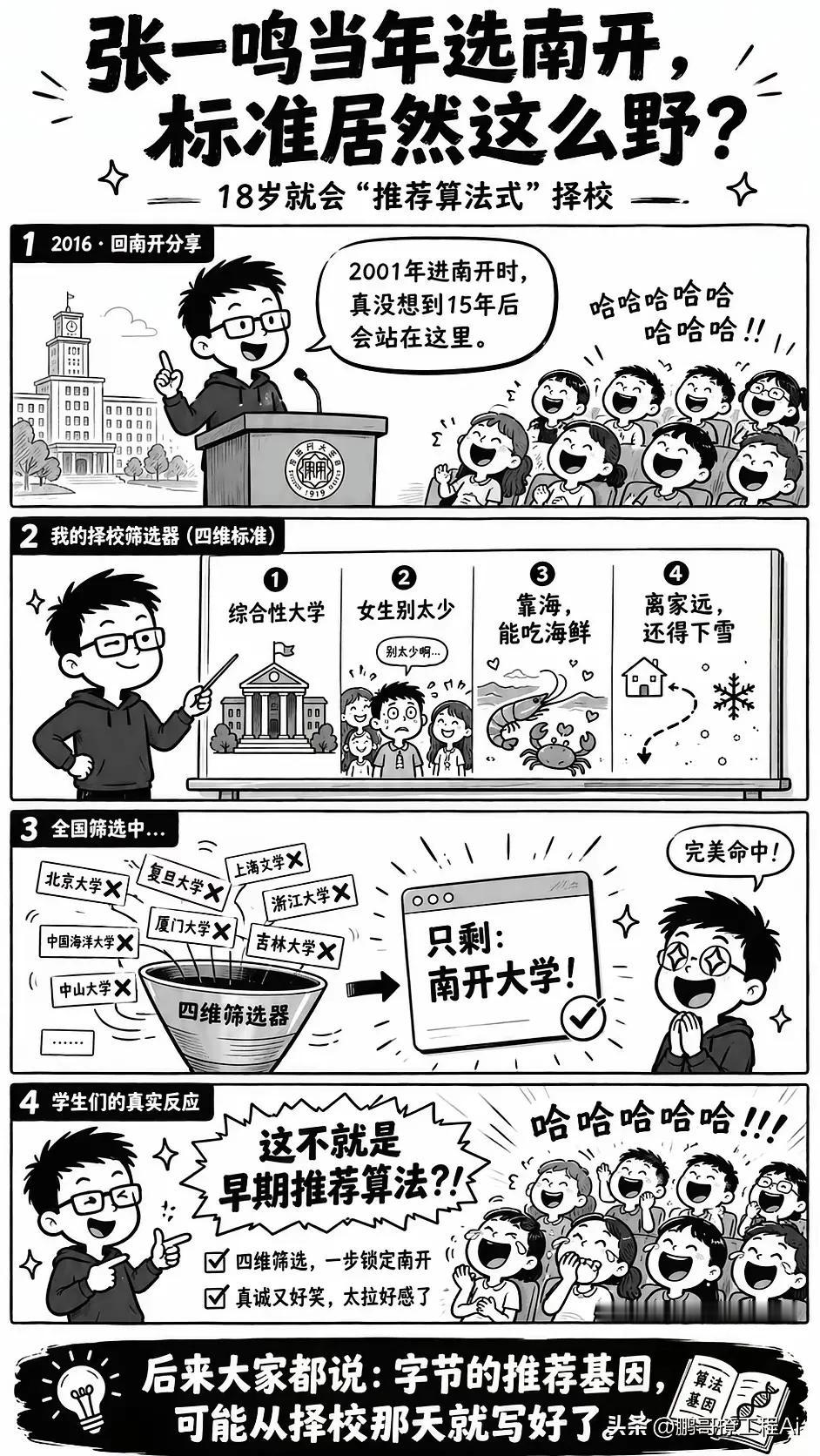 张一鸣回南开那次分享，真把台下学弟学妹逗乐了。
 
他说2001年选南开，哪是看