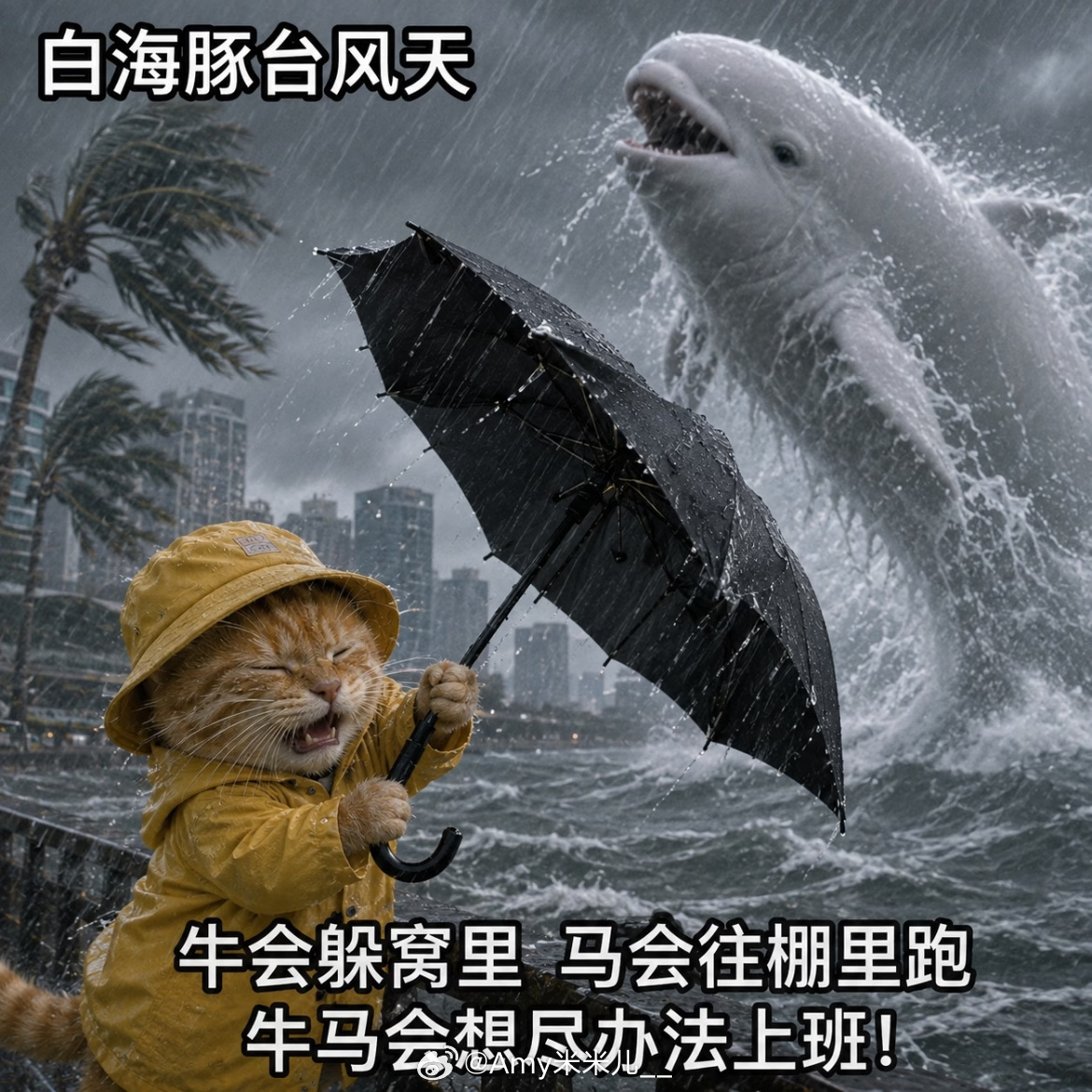 白海豚 上班白海豚：不是哥们你还上班？我：“你是台风，我是牛马，咱俩都有自己的路