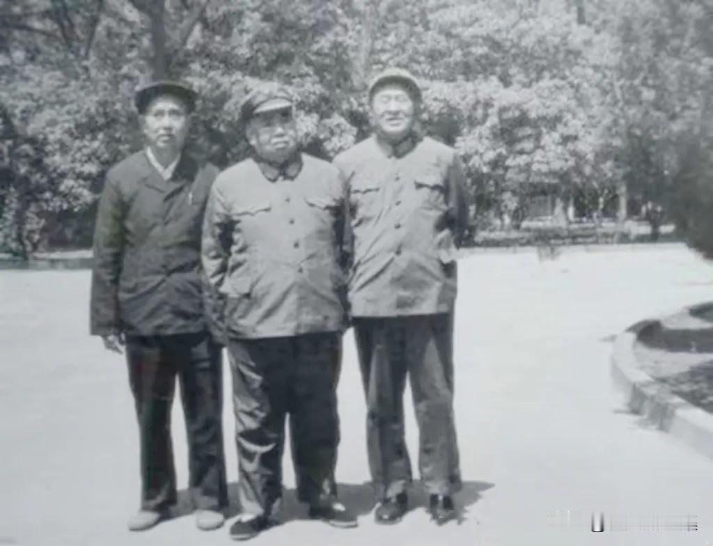 八十年代初，许世友将军（中）与红四方面军时期的老战友胡奇才将军（右一），周志坚将