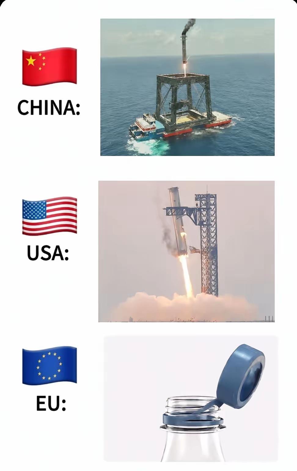 这次我们的火箭一级海上回收和欧洲的高温天气让欧洲网友开始顽梗了。
图一：中美在实