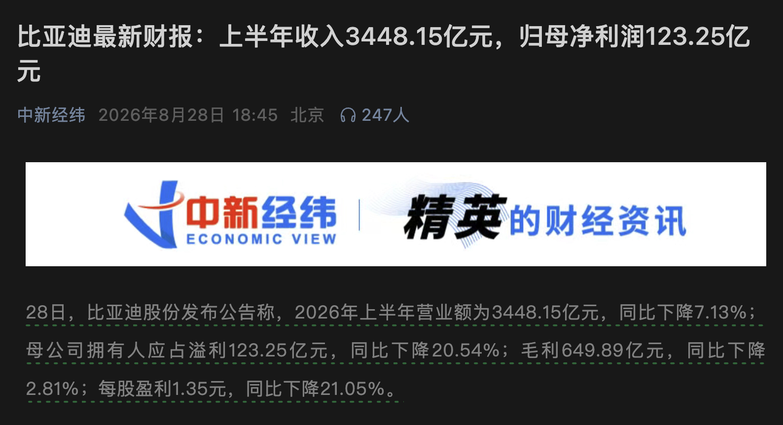 28日，比亚迪股份发布公告称，2026年上半年营业额为3448.15亿元，同比下