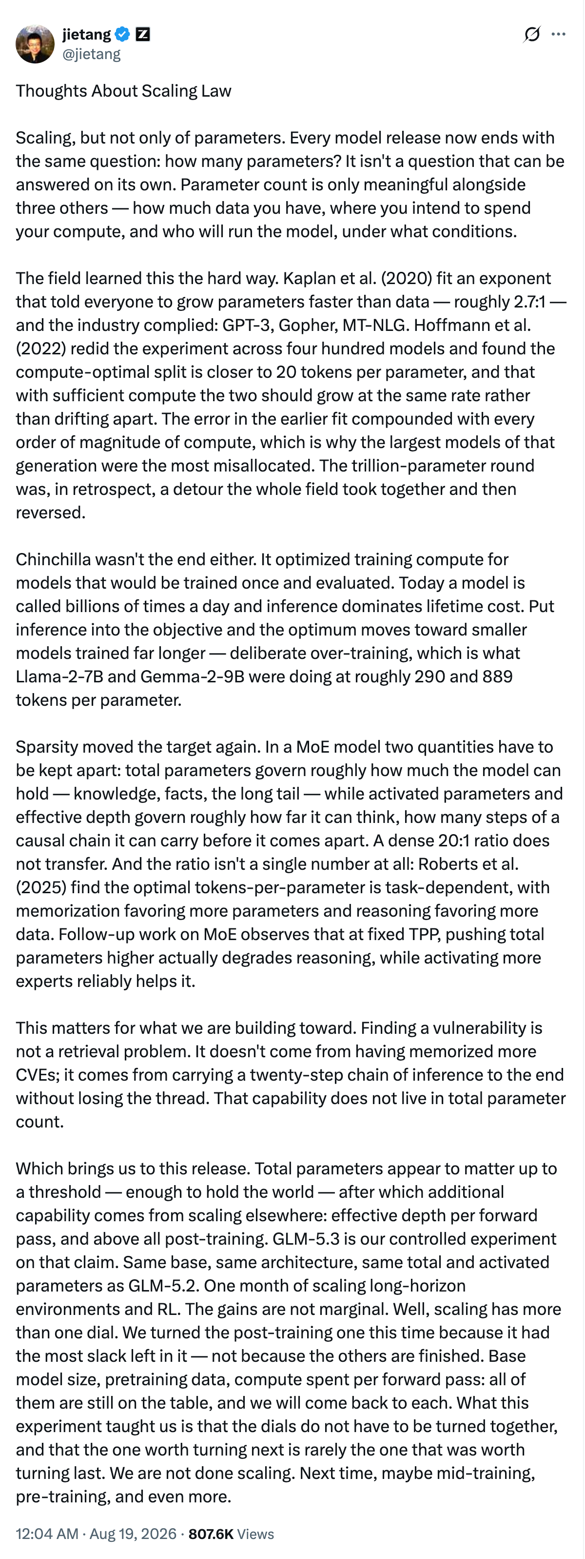 智谱联合创始人唐杰老师关于 GLM 5.3 以及模型训练的一些分享：智谱 GLM