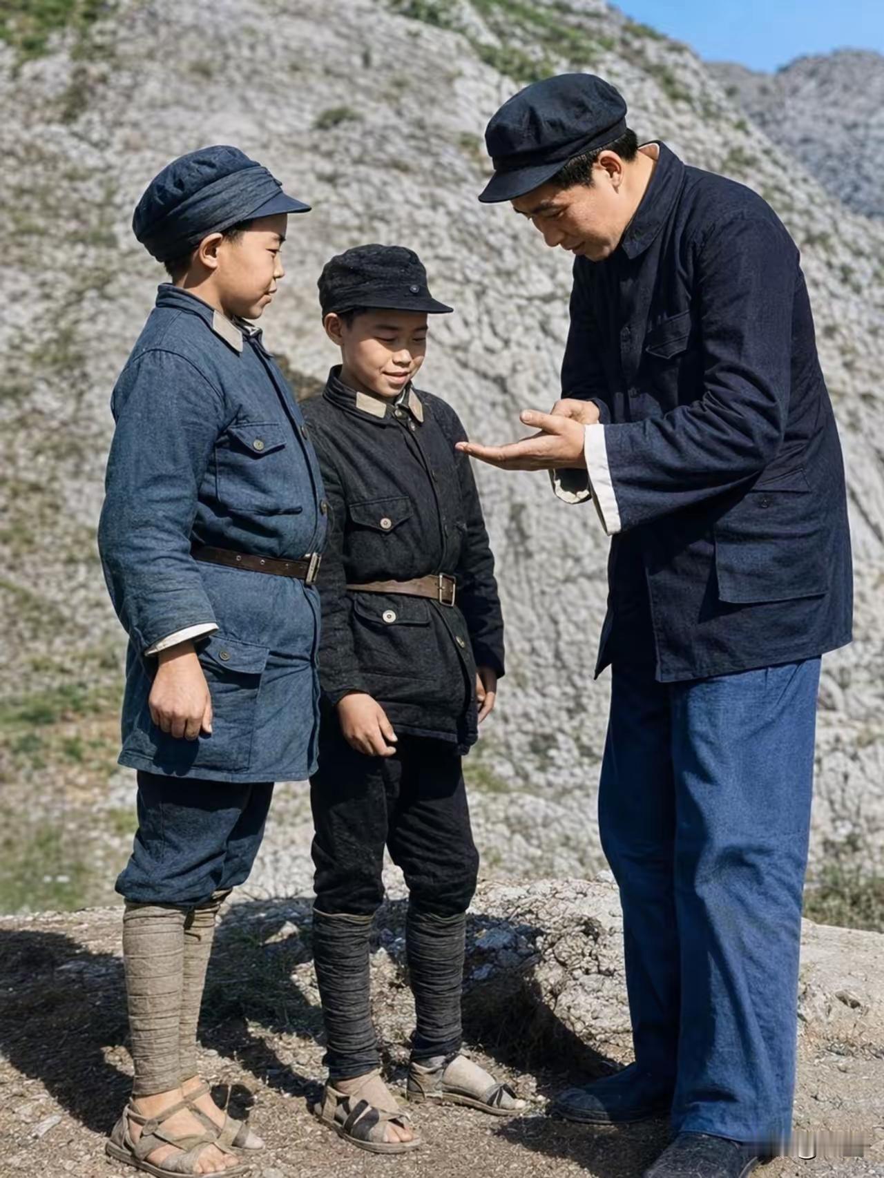 这张图片中的人物是1939年4月24日，我们伟大领袖毛主席与两个小八路，在交谈时