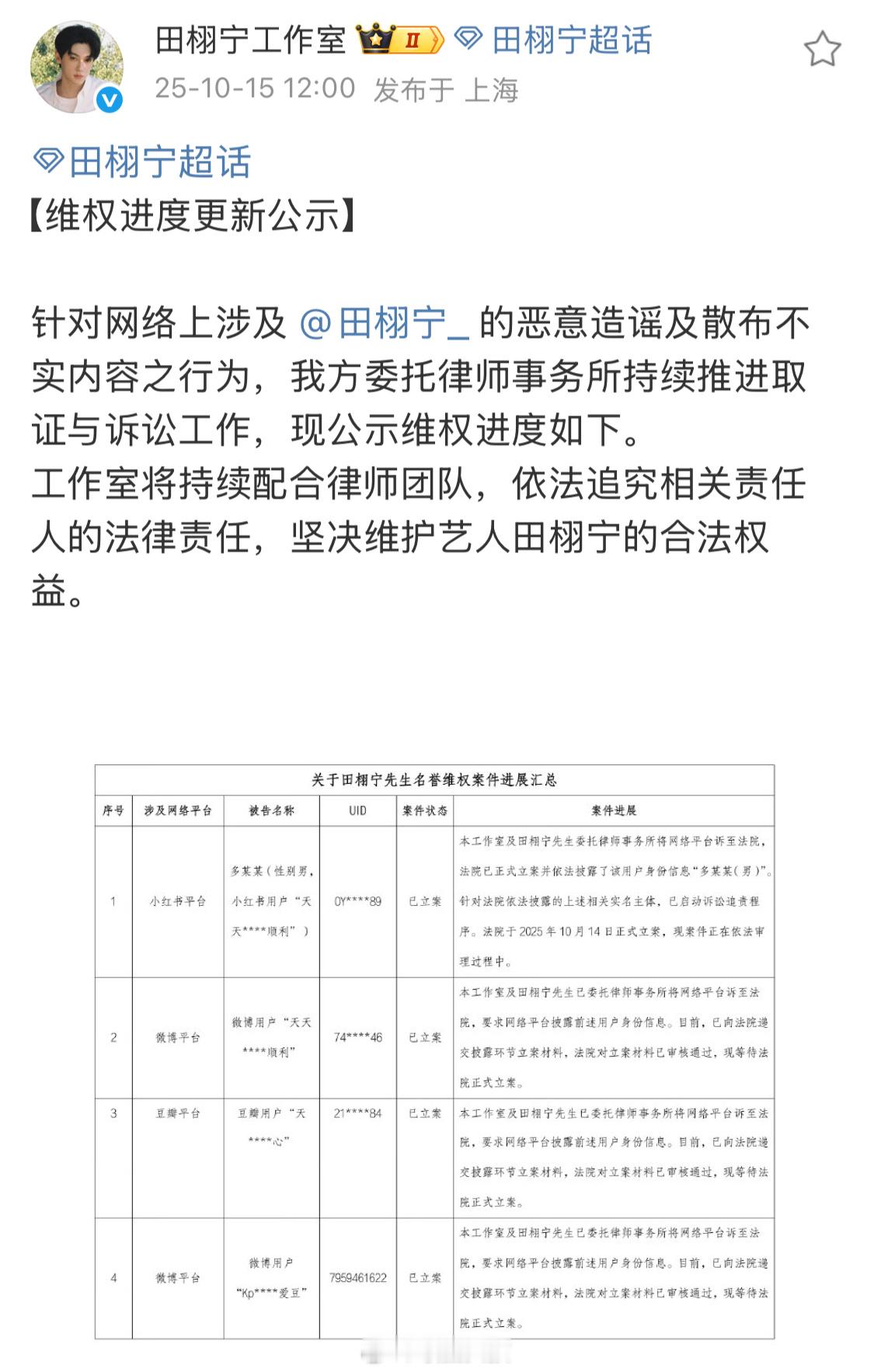 田栩宁工作室更新维权进度田栩宁工作室公布告黑进度了！！之前在各个平台造谣、伪造聊