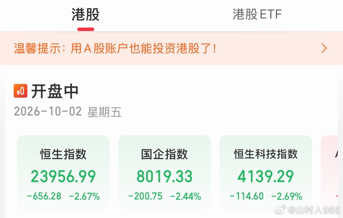 港股开盘，三大指数直接埋进去了，恒指直接跌幅2.5%，恒生科技跌幅2.3%，从去