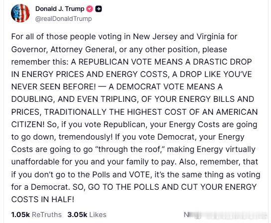 【黄金时代】川普再次呼吁新泽西和弗吉尼亚选举投给共和党，节省能源成本川普：所有在