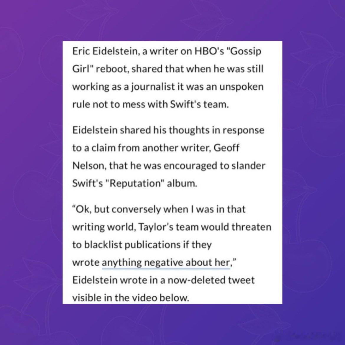 《绯闻女孩》编剧Eric Eidelstein爆料：只要媒体发布任何对霉霉Tay